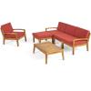Christopher Knight Home Grenada 4-Seater Sectional Sofa Set for Patio with Club Chair, Ottoman, and Coffee Table, Acacia Wood, Teak Finish with Red Outdoor Cushions