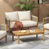 Christopher Knight Home Havets 2 Pieces Conversation Set, Acacia Wood Loveseat and Coffee Table Set, Woven Rope Armchair, Slats Panel End Table, 6″ Thick Cushion Couch for Backyard Garden, Gray+Beige(Teak+beige)