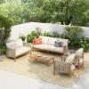 Christopher Knight Home Havets 5 Pieces Outdoor Acacia Furniture Set, Woven Rope Loveseat and Accent Club Chairs, 6″ Thick Cushions Sofa and Coffee Table Set for Backyard Garden Balcony, Teak+Beige(Teak+beige)