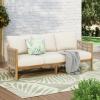 Christopher Knight Home Havets 77″W Outdoor 3 Seater Sofa, 6″ Thick Cushion Couch, Acacia Wood Bench Sofa, Comfy Woven Rope Armchair, Spacious Seating Bench Couch for Backyard Garden Porch, Gray+Beige(Teak+beige)