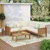 Christopher Knight Home Havets 81.25″ Sectional L Shaped Sofa, 4 Pieces Acacia Wood Patio Furniture Set, Slat Coffee Table, Spacious Seat and Table Set for Backyard Garden Balcony, Teak+Beige