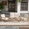 Christopher Knight Home Hearth Patio 4 Pieces Conversation Set, Acacia Wood Loveseat and Accent Armchairs, Slat Panel Coffee Table, Side Table with Sofa Chairs Chat Set for Garden Yard, Light Teak