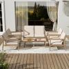 Christopher Knight Home Hearth Patio 6 Pieces Conversation Set, Acacia Wood Loveseat and Accent Armchairs, Slat Panel Coffee Table, Side Table with Sofa Chairs Chat Set for Garden Yard, Light Teak