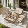 Christopher Knight Home Hearth Patio 8 Pieces Conversation Set, Acacia Wood Loveseat and Accent Armchairs, Slat Panel Coffee Table, Side Table with Sofa Chairs Chat Set for Garden Yard, Light Teak