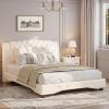 Christopher Knight Home Hira Queen Bed Frame with Headboard, Queen Size Bed Frame with Button Tufted, PU Leather Upholstered Platform Bed, Wooden Slats Support, No Box Spring Needed, Brown(Beige)