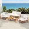 Christopher Knight Home Horma 4-Piece Acacia Wood Patio Furniture Set, Outdoor 4 Seater Armless Conversation Chat Set, Patio Loveseat 2 Chairs Group with Coffee Table for Backyard Balcony, Teak+Cream