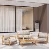 Christopher Knight Home Jorine 4 Pieces Conversation Set, Acacia Wood Club Chairs and Loveseat, Rectangular Coffee Table, Accent Chairs and Sofa Set with Coffee Table for Porch Yard, Teak+Beige