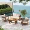 Christopher Knight Home Quixley Acacia Wood 4 Piece Patio Furniture Set, Wooden Patio Conversation Set with Club Chair and Coffee Table, 4-Seater Outdoor Loveseat Sofa Chair and Table Set, Teak+Beige