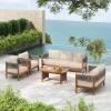 Christopher Knight Home Quixley Acacia Wood 5 Piece Patio Furniture Set, Large Wooden Patio Conversation Set with Club Chair+Coffee Table, 7-Seater Outdoor Loveseat Sofa Chair and Table Set,Teak+Beige