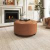 Christopher Knight Home York Linen Fabric Upholstered Ottoman, Wooden Round Ottoman Coffee Table, Modern Living Room Ottoman Foot Stool, Extra Seat Sofa Footrest, Beige(Orange Brown)