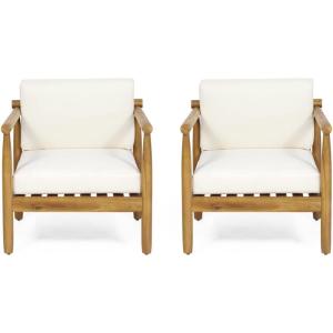 Abigail Outdoor Acacia Wood Club Chair (Set of 2), Teak and Cream