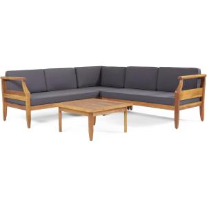 Aston Outdoor 5 Seater Sectional Chat Set with Cushions – Acacia Wood – Teak/Dark Gray