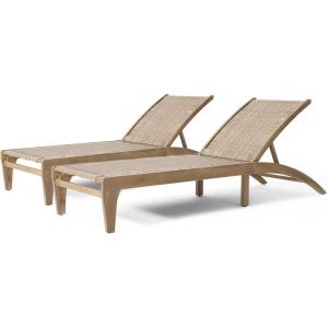 Benfield Outdoor Chaise Lounge – Acacia Wood and Flat Wicker – Light Brown/Light Multibrown (Set of 2)