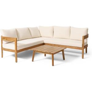 Brooklyn Outdoor 5 Seater Sectional Sofa Chat Set with Cushions – Acacia Wood – Teak/Beige