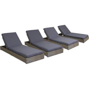 Christopher Knight Home Abraham Outdoor Acacia Wood Chaise Lounge with Cushion (Set of 4), Teak and Cream(Gray Finish + Dark Gray)