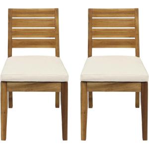 Christopher Knight Home Acacia Wood Outdoor Dining Chair Set of 2 with Cushions, Wooden Armless Patio Dining Chair, Sandblasted Natural Brown, Beige