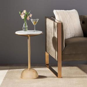 Christopher Knight Home Ale Round Accent Table, Small End Table with Marble Top, Aluminum Living Room Side Table with Half-Dome Base, Modern Bedside Table, Space Saving Furniture, Antique Brass+White