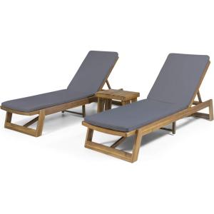 Christopher Knight Home Alfred Outdoor Acacia Wood 3 Piece Chaise Lounge Set, Teak Finish, Yellow, Blue(Dark Gray)