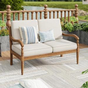 Christopher Knight Home Alice Acacia Wood Outdoor Loveseat, Wooden Patio Loveseat Sofa, Patio Furniture 2-Seater Sofa with Thick Cushions, Comfy Lounge Sofa Outdoor for 2 People, Beige + Natural