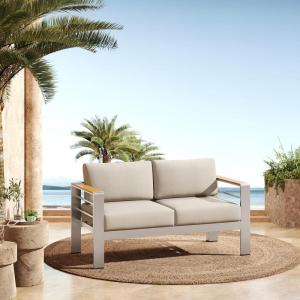 Christopher Knight Home Aluminum Patio Loveseat with Removable Cushion, All-Weather Metal Outdoor Sofa, Patio Furniture Set, Comfy Reading Sofa Couch, Silver+Beige+Natural