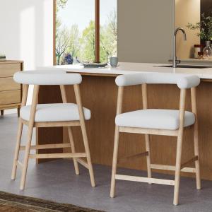 Christopher Knight Home Anita 25” Counter Height Bar Stools Set of 2, Boucle Fabric Bar Stool for Kitchen Island, Wooden Dining Room Armchair, Counter Stool with Footrest, Walnut+White(Natural+white)