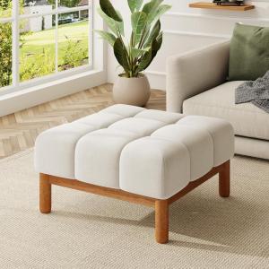 Christopher Knight Home Annette Square Ottoman Footstool with Grid Tufting, Living Room Sofa Ottoman with Wood Frame, Fabric Upholstery Coffee Table, Comfy Seating with Dense Foam Padding, Gray(White)