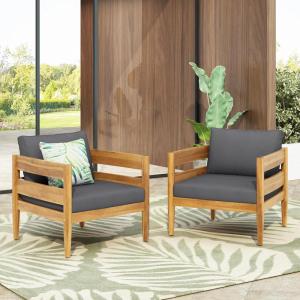 Christopher Knight Home Annie Acacia Wood Outdoor Chairs Set of 2, Patio Lounge Chair Outdoor with Slatted Back, Accent Chair with Cushions, Stylish Armchair for Balcony/Garden, Dark Gray + Teak(Dark Gray + Teak)