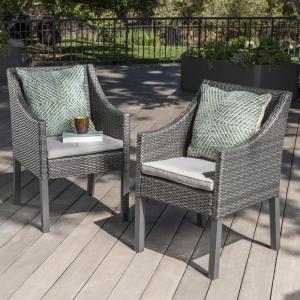 Christopher Knight Home Antibes Outdoor Wicker Dining Chairs with Water Resistant Cushions, 2-Pcs Set, Grey / Silver
