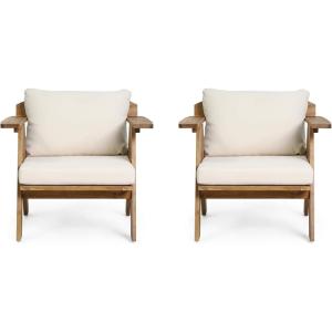 Christopher Knight Home Arcola Outdoor Club Chair with Cushion – Acacia Wood – Teak/Beige (Set of 2)(Chairs)