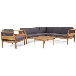 Christopher Knight Home Aston Outdoor 5 Seater Sectional Chat Set with Club Chair – Acacia Wood – Teak/Dark Gray