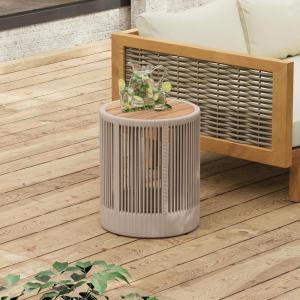 Christopher Knight Home Aueket Rustic Acacia Wood Side Table, 15″ Round Farmhouse Outdoor Patio Sofa Side Table, Boho Home Decor, Iron Frame Rope Design, 175 lbs Capacity, Easy Assembly, Teak+ Beige(Teak+ Beige)