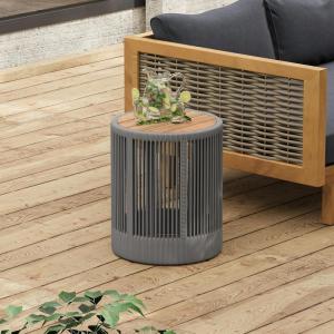 Christopher Knight Home Aueket Rustic Acacia Wood Side Table, 15″ Round Farmhouse Outdoor Patio Sofa Side Table, Boho Home Decor, Iron Frame Rope Design, 175 lbs Capacity, Easy Assembly, Teak+ Beige(Teak+ Gray)