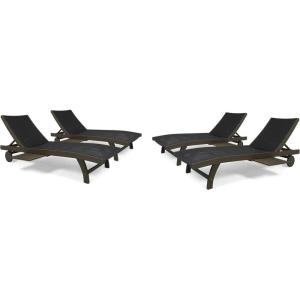 Christopher Knight Home Banzai Outdoor Wicker and Wood Adjustable Chaise Lounge with Pull-Out Tray, Set of 4