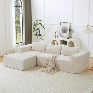 Christopher Knight Home Bard 107” Lounge Sofa Couch with Pillows, Soft Seating 3-Seater Compressed Modular Sectional Sofa with Armrests, Comfy Boucle Upholstered Home Sofa, No Assembly, Khaki(Beige/Corduroy)