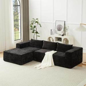 Christopher Knight Home Bard 107” Lounge Sofa Couch with Pillows, Soft Seating 3-Seater Compressed Modular Sectional Sofa with Armrests, Comfy Boucle Upholstered Home Sofa, No Assembly, Khaki(Black/Corduroy)