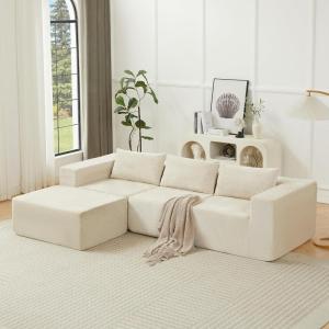 Christopher Knight Home Bard 107” Lounge Sofa Couch with Pillows, Soft Seating 3-Seater Compressed Modular Sectional Sofa with Armrests, Comfy Boucle Upholstered Home Sofa, No Assembly, Khaki(Khaki/Boucle)
