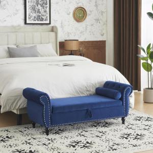 Christopher Knight Home Berwin Velvet Storage Ottoman Bench, Wooden Rectangular Ottoman with Storage, Bedroom End of Bed Bench, Entryway Ottoman Foot Rest, Living Room Extra Seat, Emerald(Navy Blue)