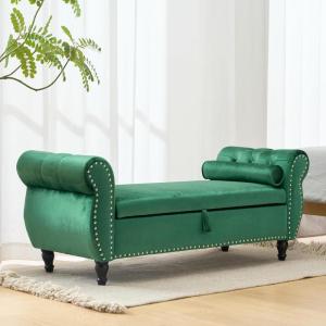 Christopher Knight Home Berwin Velvet Storage Ottoman Bench, Wooden Rectangular Ottoman with Storage, Bedroom End of Bed Bench, Entryway Ottoman Foot Rest, Living Room Extra Seat, Emerald(Emerald)