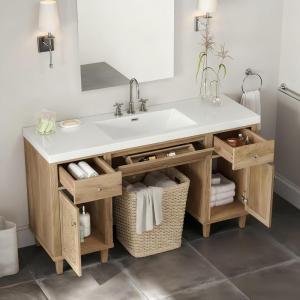 Christopher Knight Home Bines Bathroom Storage Cabinet with Single Sink, 3 Storage Drawers and 2 Shelves Cabinet, SMC Vanity Top with Wood Legs, Floor Mount, 60″ Bathroom Vanity with Sink, White(Natural)