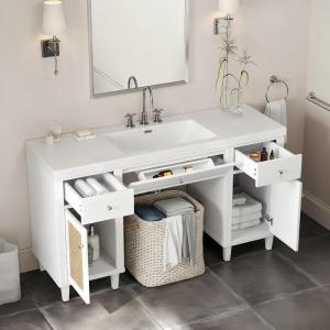 Christopher Knight Home Bines Bathroom Storage Cabinet with Single Sink, 3 Storage Drawers and 2 Shelves Cabinet, SMC Vanity Top with Wood Legs, Floor Mount, 60″ Bathroom Vanity with Sink, White(White)