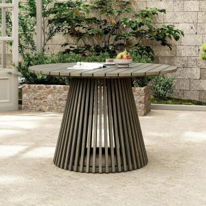 Christopher Knight Home Briar Farmhouse Acacia Wood Round Dining Table, Patio Dining Room Table with Unique Wooden Base for Backyard/Garden, Slatted Design Outdoor Dining Table, Light Teak(Grey)