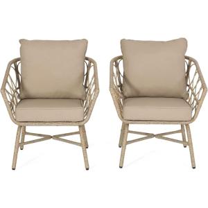 Christopher Knight Home Bruce Outdoor Club Chairs with Cushions – Wicker – Light Brown/Beige (Set of 2)
