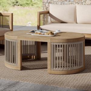 Christopher Knight Home Buekaz Outdoor Acacia Wood Coffee Table with Woven Rope Accents, Outdoor Patio Slatted Oval Centerpiece, Boho Chic Garden Sofa Side Accent Table for Modern Decor, Light Teak
