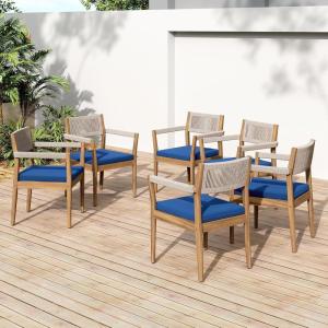 Christopher Knight Home Caitlyn Acacia Wood Outdoor Dining Chairs Set of 6, Patio Chairs with Weather-Resistant Cushions, Garden Extra Seating with Handwoven Rope Accent, Blue Navy + Teak + Beige(Blue Navy+teak+beige)
