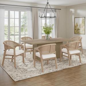 Christopher Knight Home Cami 7 Piece Dining Set with Armchairs, Wooden Dining Table Set for 6, Spacious Kitchen Table Chairs Set of 6, Upholstered Chairs with Rattan Curved Back, Beige + Natural Ash