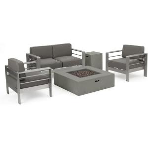 Christopher Knight Home Cape Coral Outdoor Aluminum Chat Set with Fire Table, Khaki / Light Grey