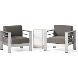 Christopher Knight Home Cape Coral Outdoor Aluminum Club Chairs with Side Table, Khaki / Silver