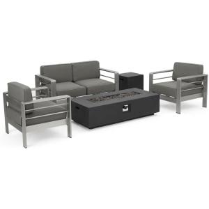 Christopher Knight Home Cape Coral Outdoor Chat Set with Fire Table, 5-Pcs Set, Khaki / Dark Grey