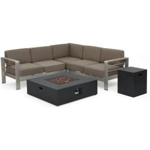 Christopher Knight Home Cape Coral Outdoor V-Shaped Sofa set with Fire Table, Khaki / Dark Grey