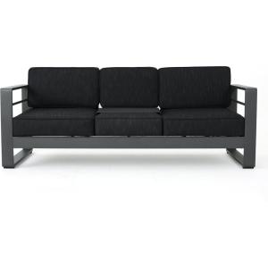 Christopher Knight Home Capecora 3-Seater Sofa with Removable Tray Table, 76.25”W Convertible Aluminum Patio Couch with Cushions, Space-Saving Outdoor Seating for Garden Backyard Balcony, Dark Gray